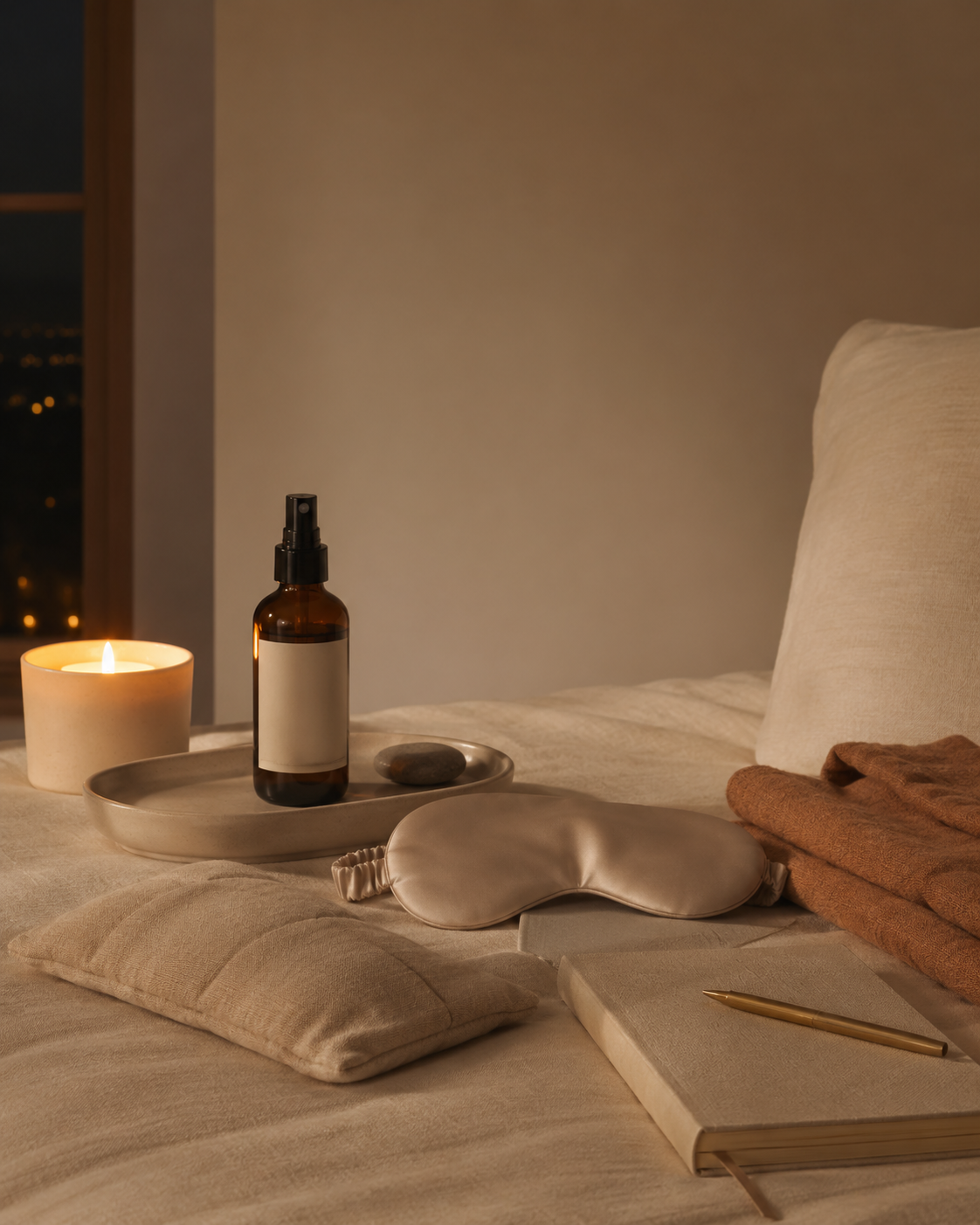 Ritual de noche con vela encendida, bruma de hogar, antifaz, saquito textil y diario sobre una cama en tonos cálidos.