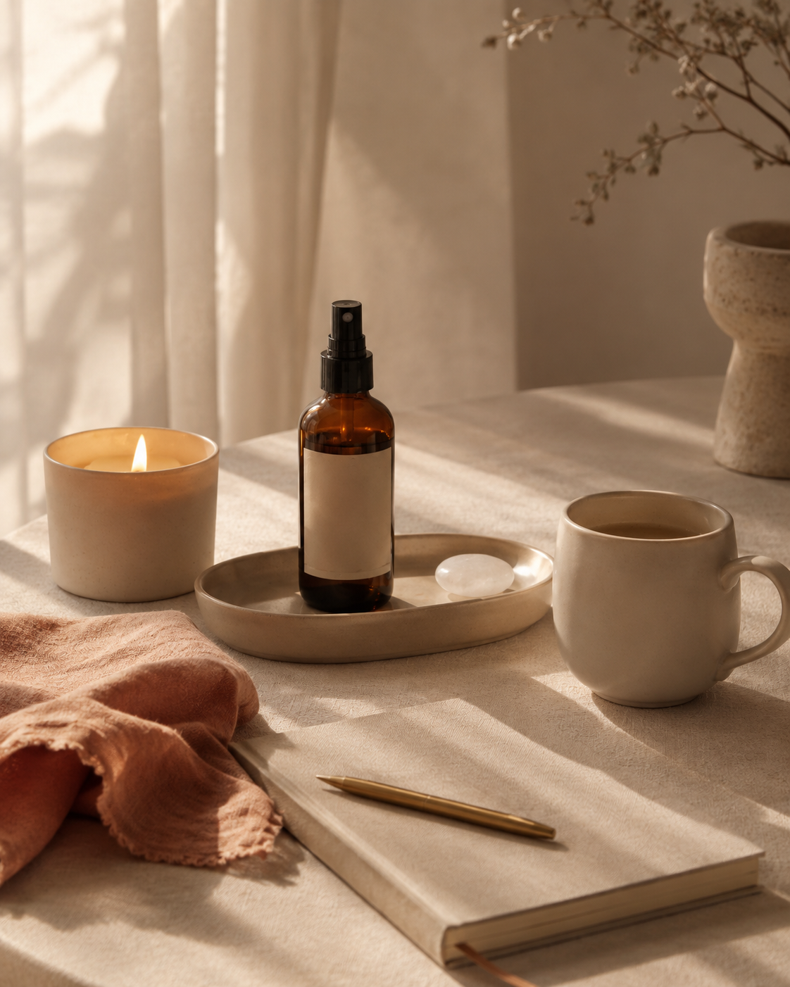 Ritual de pausa con vela, bruma, cuaderno y objetos de calma sobre fondo cálido