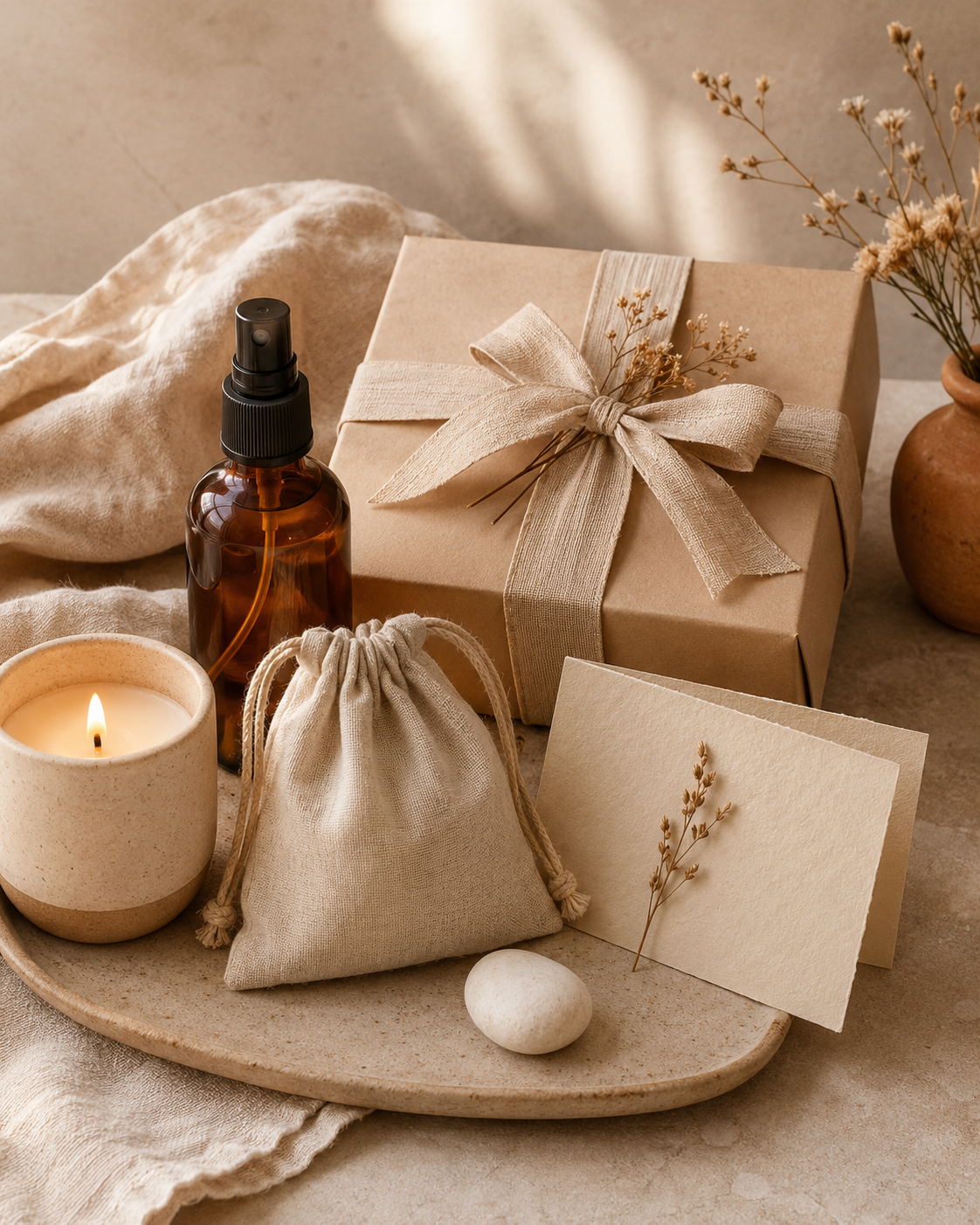 Ritual para regalar con caja, vela, bruma, bolsita textil y detalles de calma